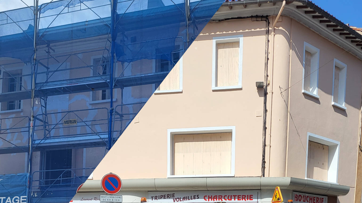 Vue avant et après la l'application d'enduit de façades, après la réparation de fissures.